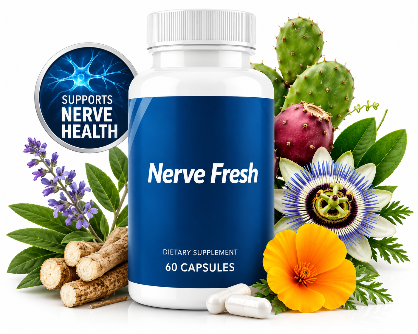 Nerve Fresh supplement bottle with herbal elements
