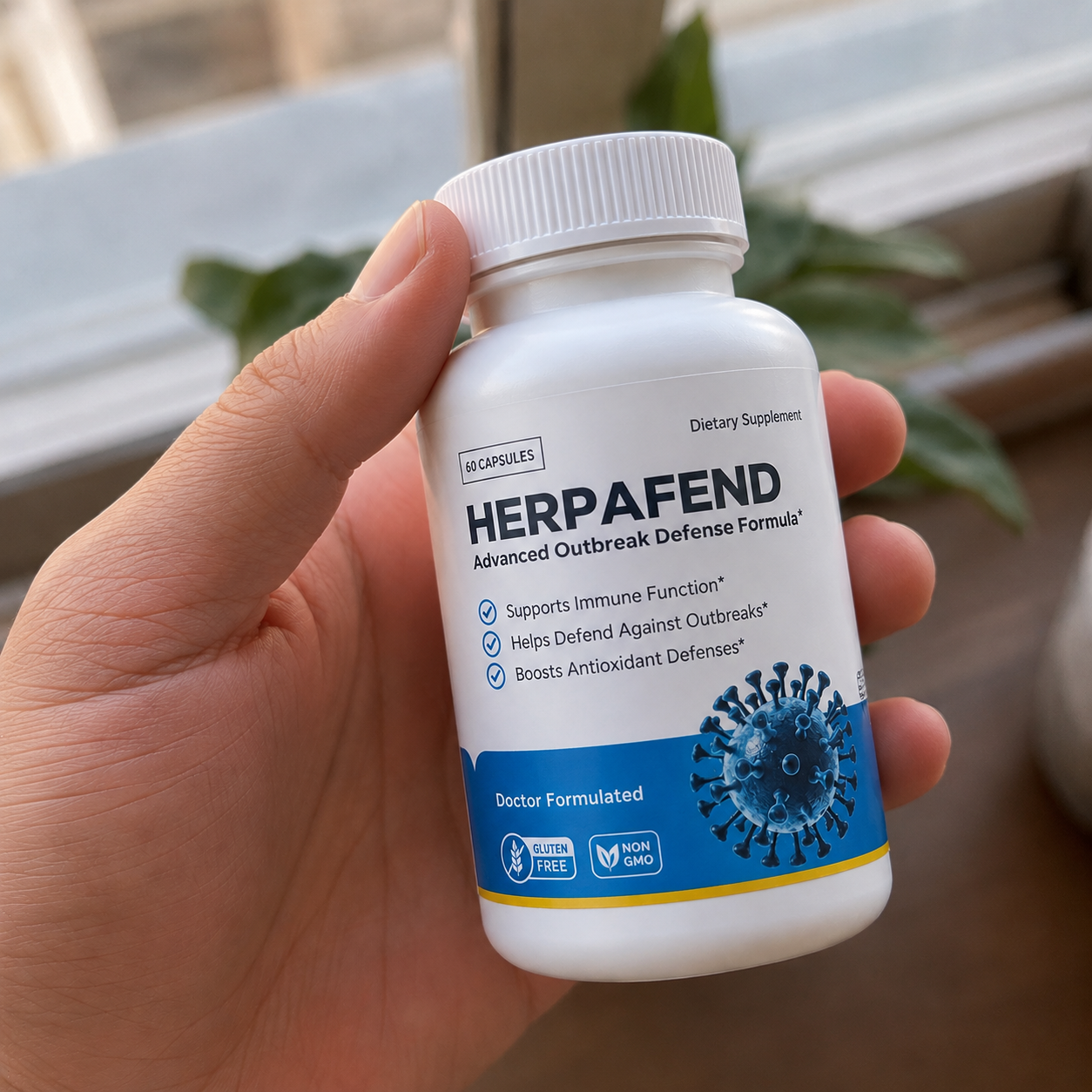 Herpafend bottle held in hand